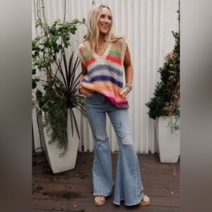 Three Bird Nest Colorful V-Neck Sweater Vest M oversized pockets